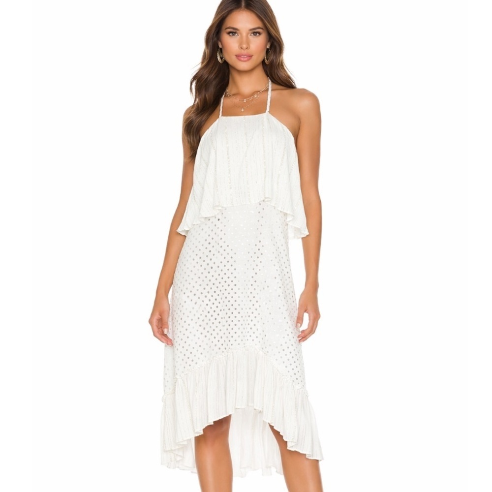 Anthropologie Kopal Tiered Mini Dress White with Metallic Threads Size S